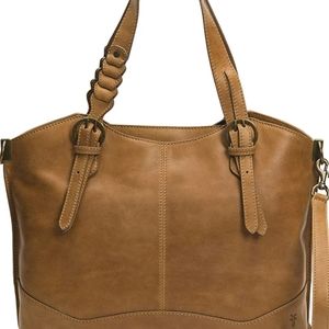 Frye Maddie Shopper Genuine Leather Handbag Tan Caramel Brass Braided Western